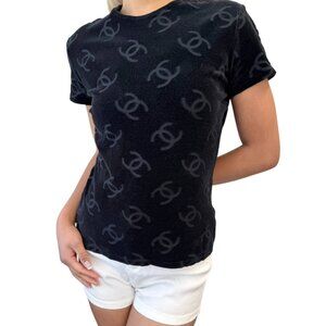 CHANEL Vintage 1996 CC Logo Velour T-shirt Top #44 Black [106021]